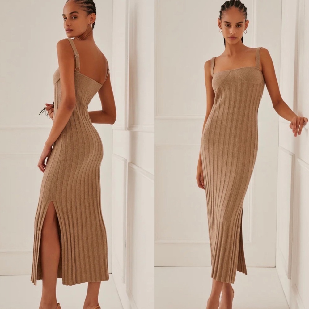 $165 Something Navy Ribbed Bustier Sweater Dress in Tan Size Small